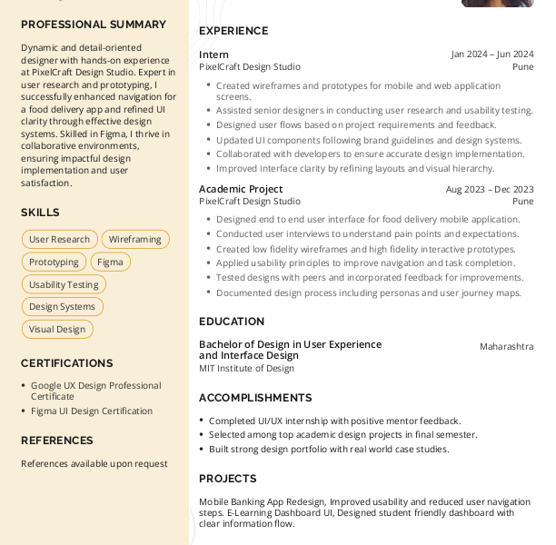 UIUX Designer Fresher Resume example to Download & Edit in Word