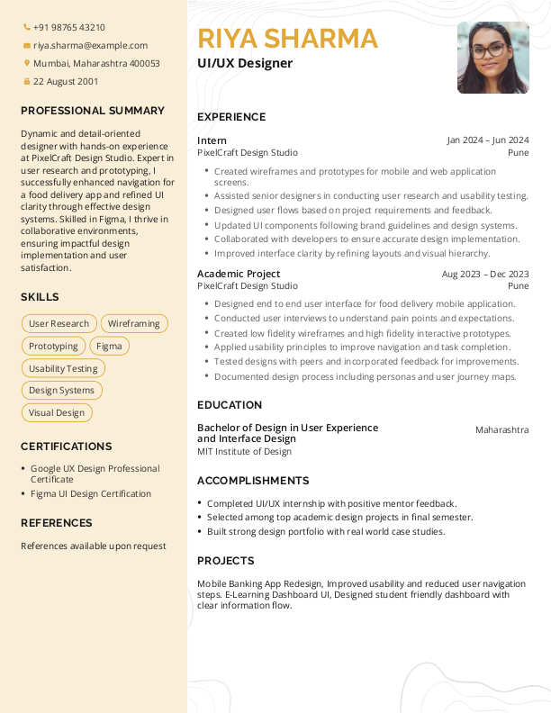 UIUX Designer Fresher Resume example to Download & Edit in Word