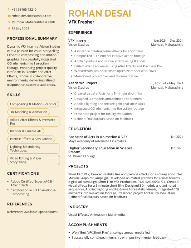 VFX Fresher Resume Format Free Download in Word