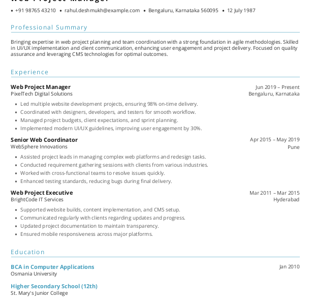 Web Project Manager Resume Format Free Download in Word