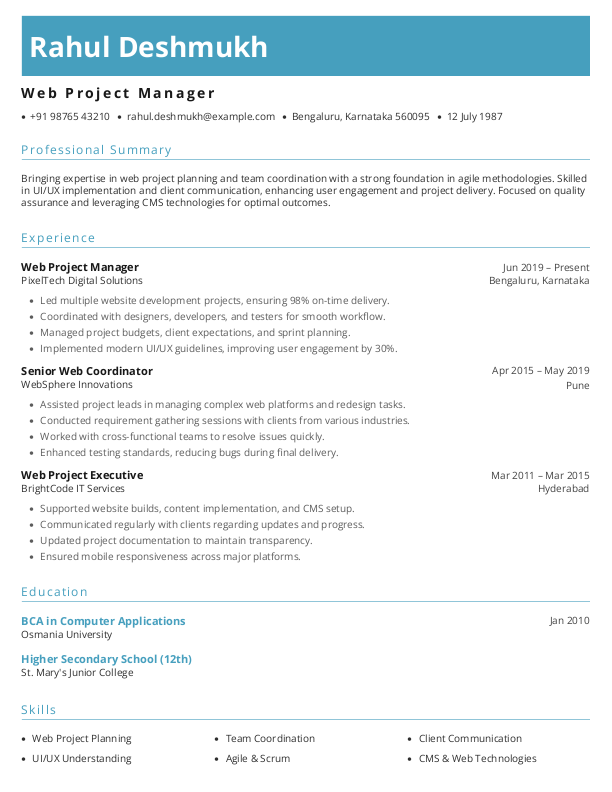 Web Project Manager Resume Format Free Download in Word