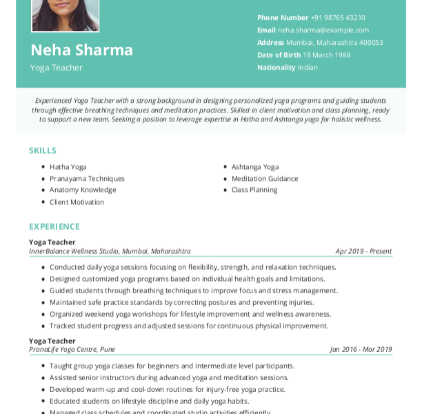 Yoga Teacher Resume format to Download & Edit in Word