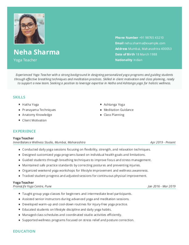 Yoga Teacher Resume format to Download & Edit in Word