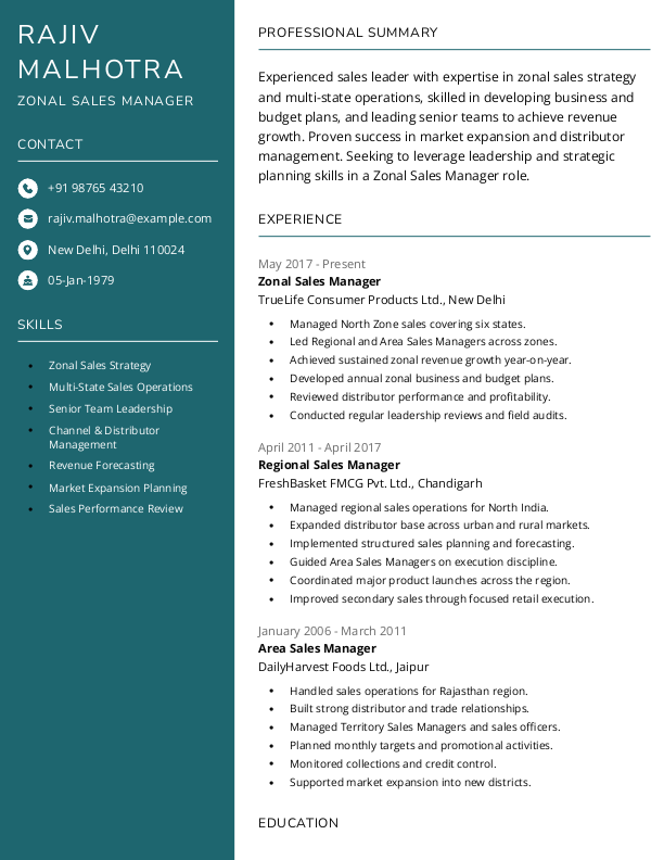 Zonal Sales Manager Resume Format Free Download in Word