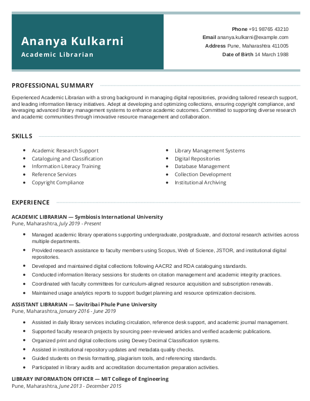 Academic Librarian Resume format in Word | Free Download