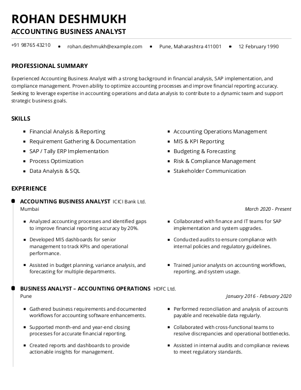 Accounting Business Analyst Resume format in Word - Free Download