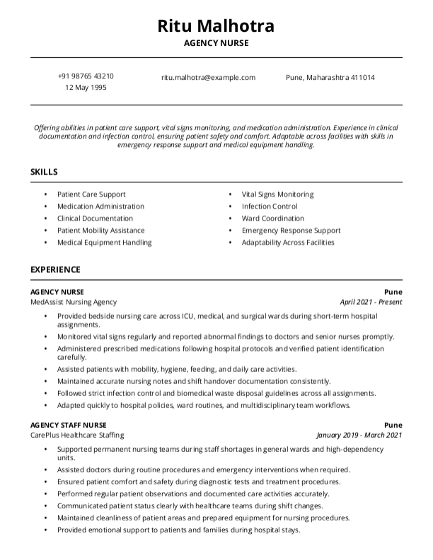 Agency Nurse Resume format in Word | Free Download