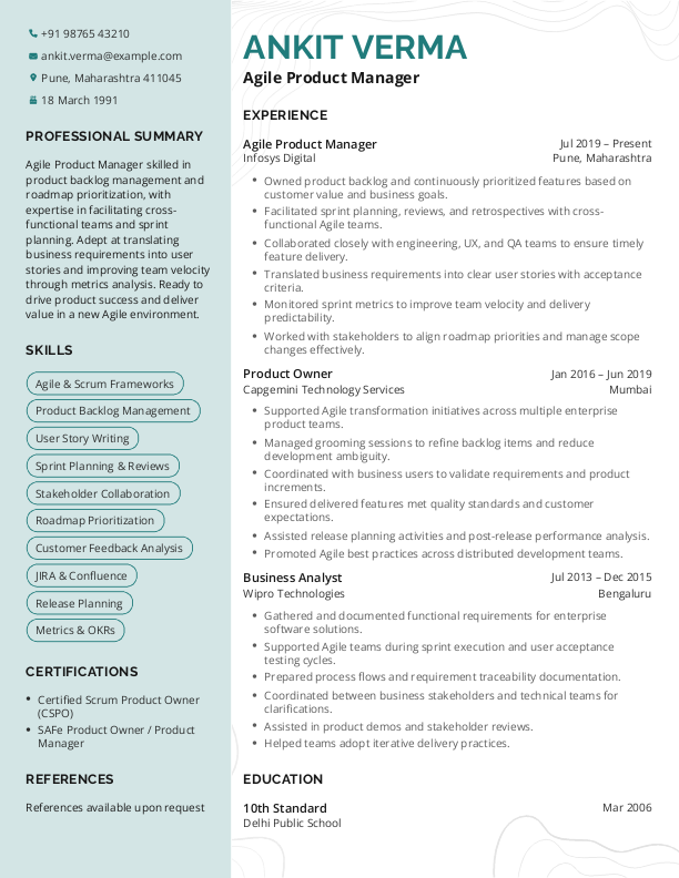 Agile Product Manager Resume format in Word - Free Download