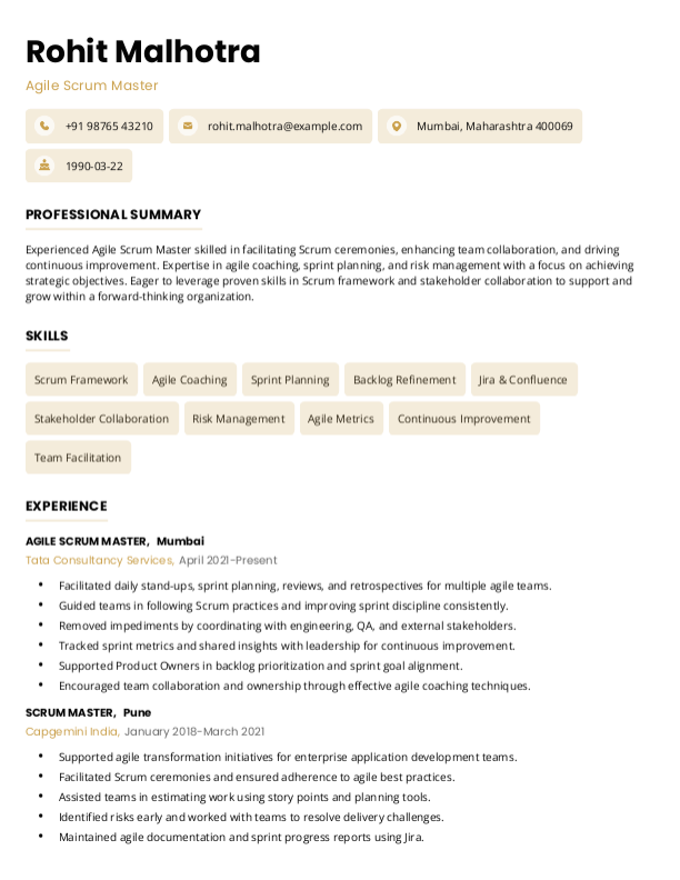 Agile Scrum Master Resume format in Word - Free Download