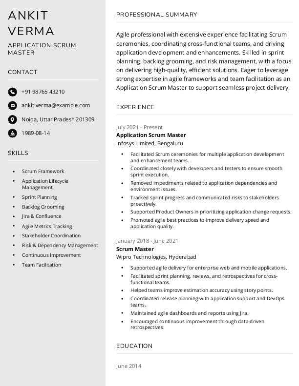 Application Scrum Master Resume format in Word - Free Download