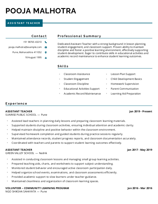 Assistant Teacher Resume format in Word - Free Download