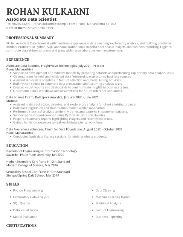 Associate Data Scientist Resume format in Word - Free Download