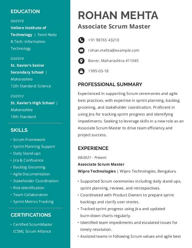 Associate Scrum Master Resume format in Word | Free Download