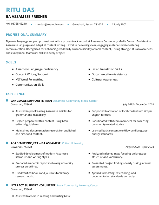 BA Assamese Fresher Resume format in Word - Free Download