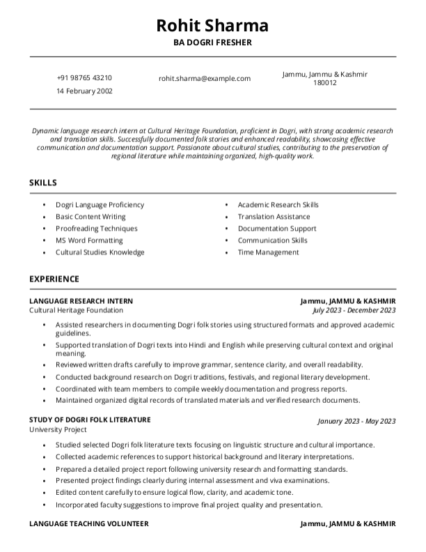 BA Dogri Fresher Resume format in Word - Free Download