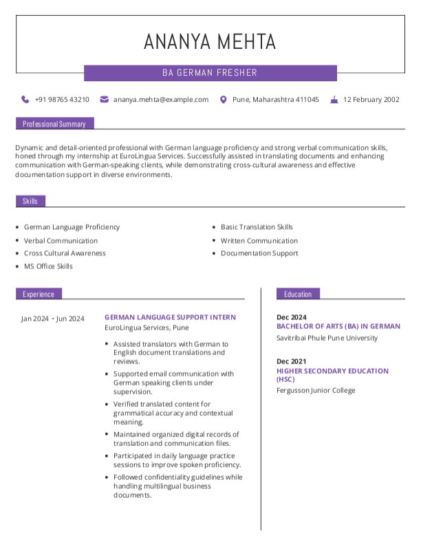 BA German fresher Resume format in Word - Free Download