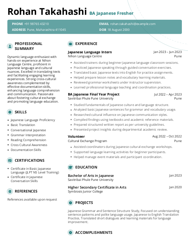 BA Japanese Fresher Resume format in Word - Free Download