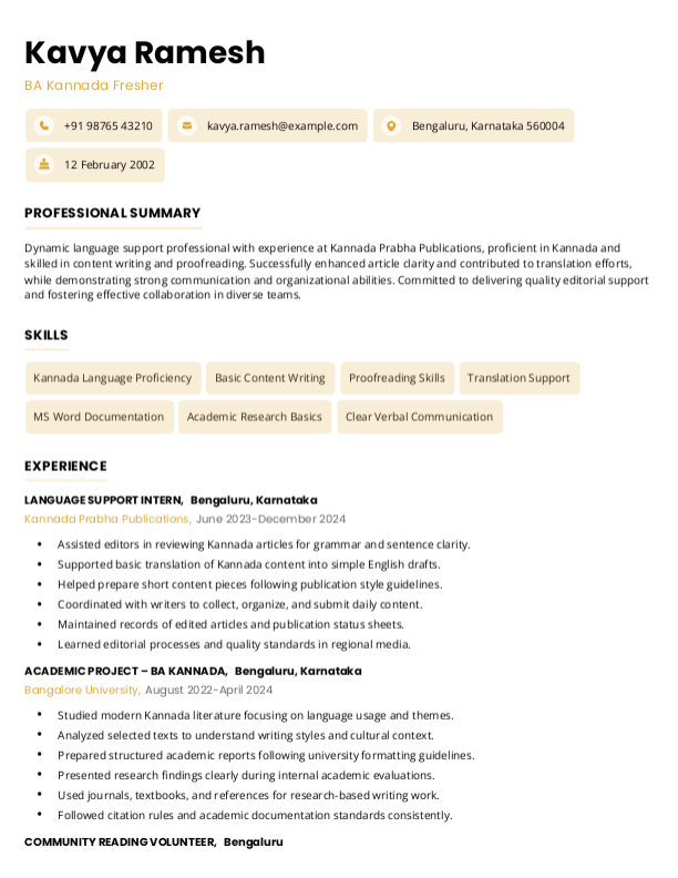 BA Kannada Fresher Resume format in Word - Free Download