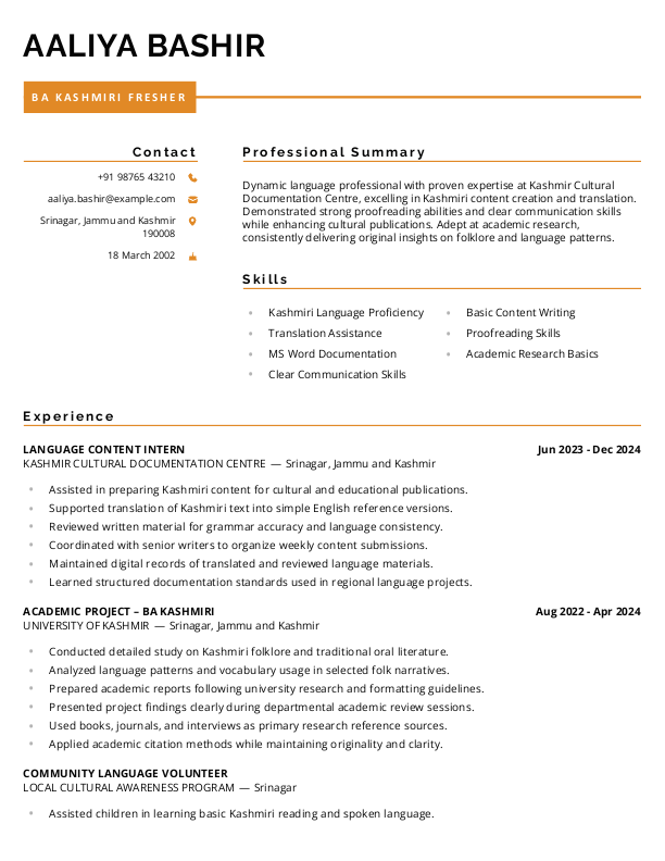 BA Kashmiri Fresher Resume format in Word - Free Download