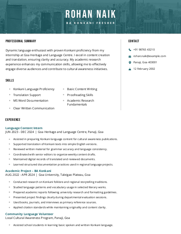 BA Konkani Fresher Resume format in Word - Free Download