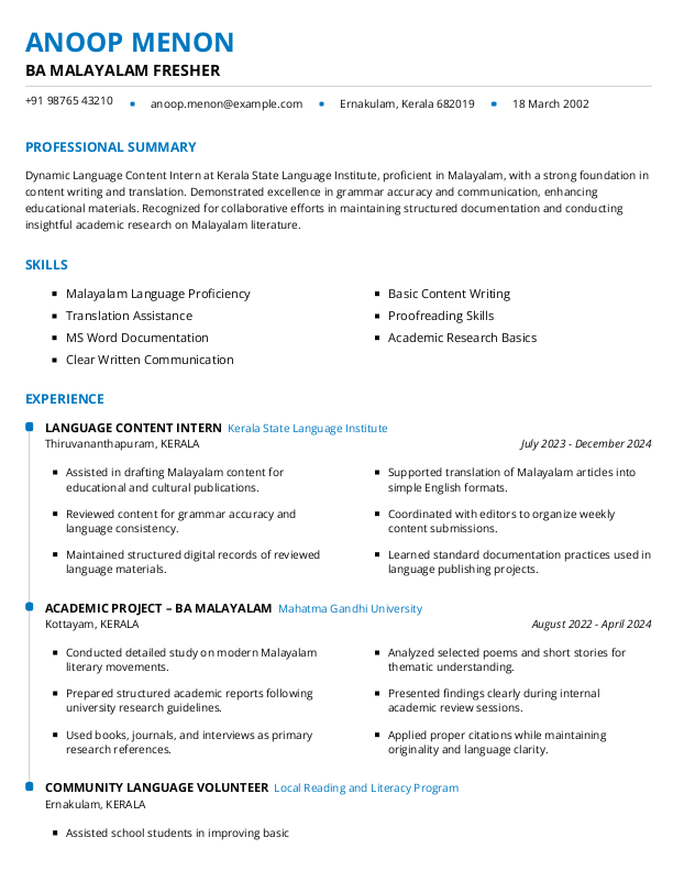 BA Malayalam Fresher Resume format in Word - Free Download