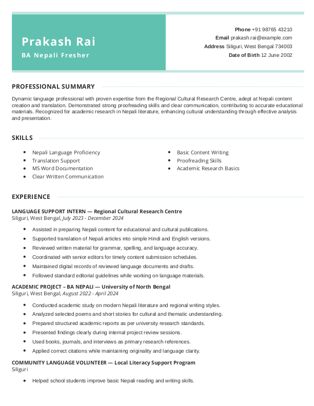 BA Nepali Fresher Resume format in Word - Free Download