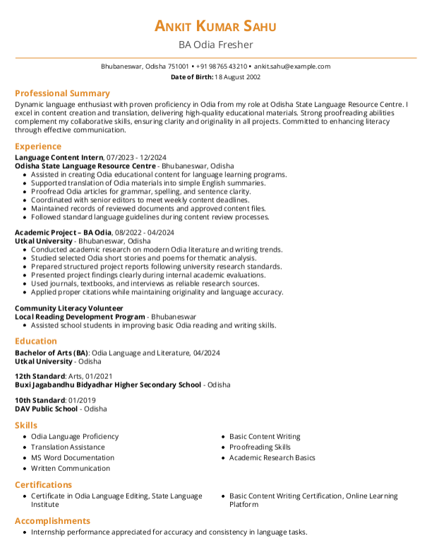 BA Odia Fresher Resume format in Word - Free Download