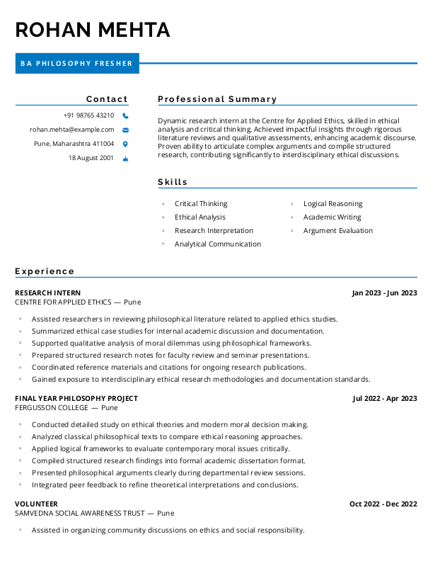 BA Philosophy Fresher Resume format in Word - Free Download