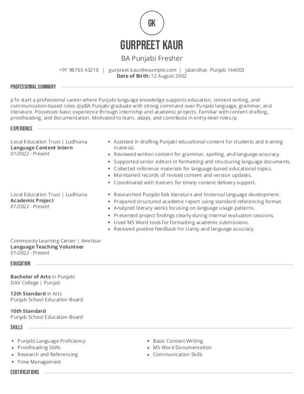 BA Punjabi Fresher Resume format in Word - Free Download