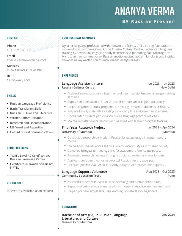 BA Russian Fresher Resume format in Word - Free Download