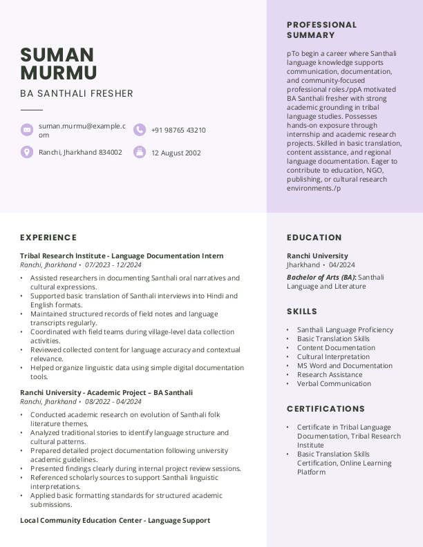 BA Santhali Fresher Resume format in Word - Free Download