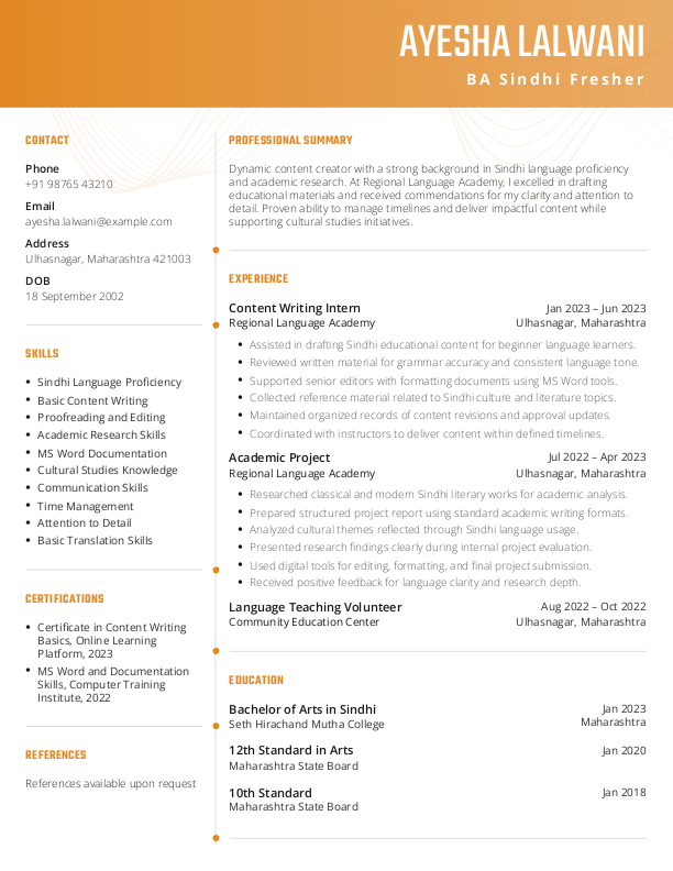 BA Sindhi Fresher Resume format in Word - Free Download