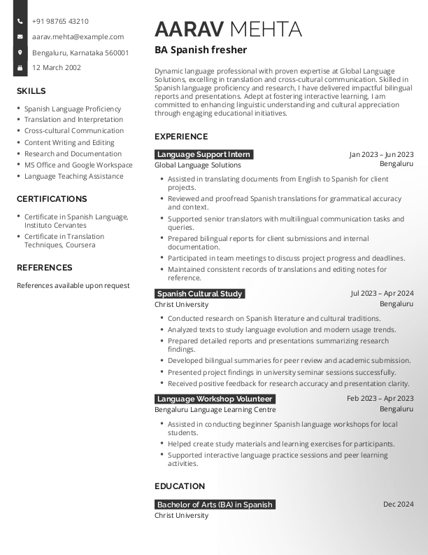 BA Spanish fresher Resume format in Word - Free Download