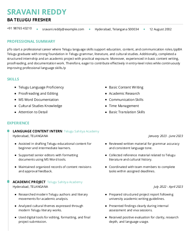 BA Telugu Fresher Resume format in Word | Free Download