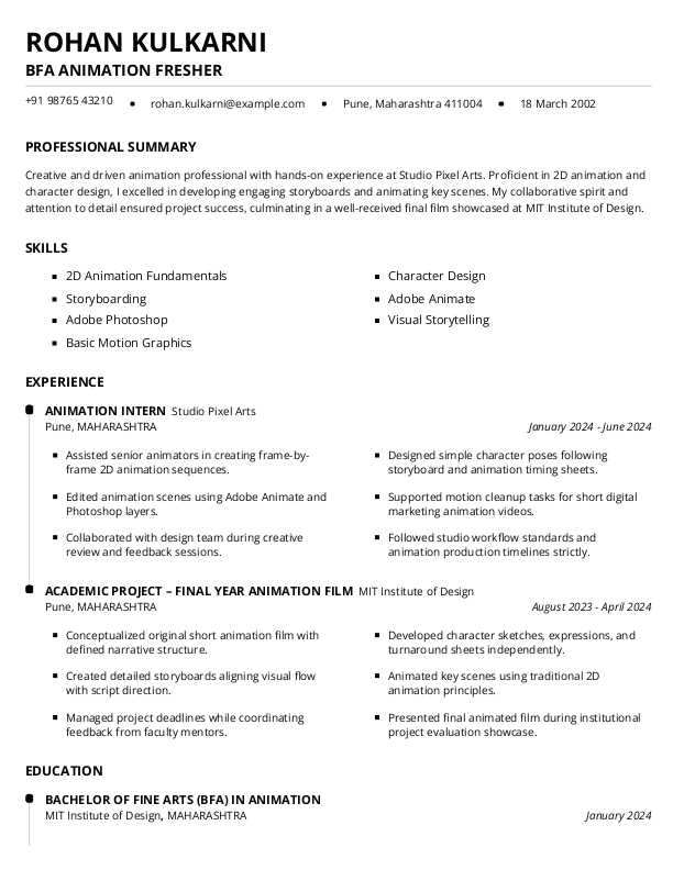 BFA Animation Fresher Resume format in Word - Free Download