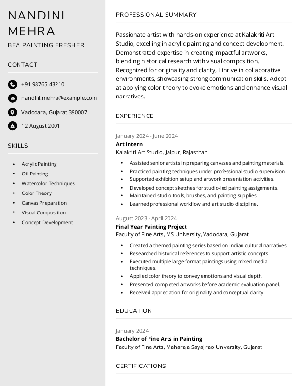 BFA Painting Fresher Resume format in Word - Free Download