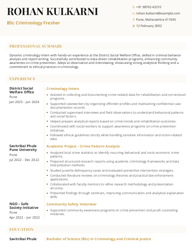 BSc Criminology Fresher Resume format in Word - Free Download