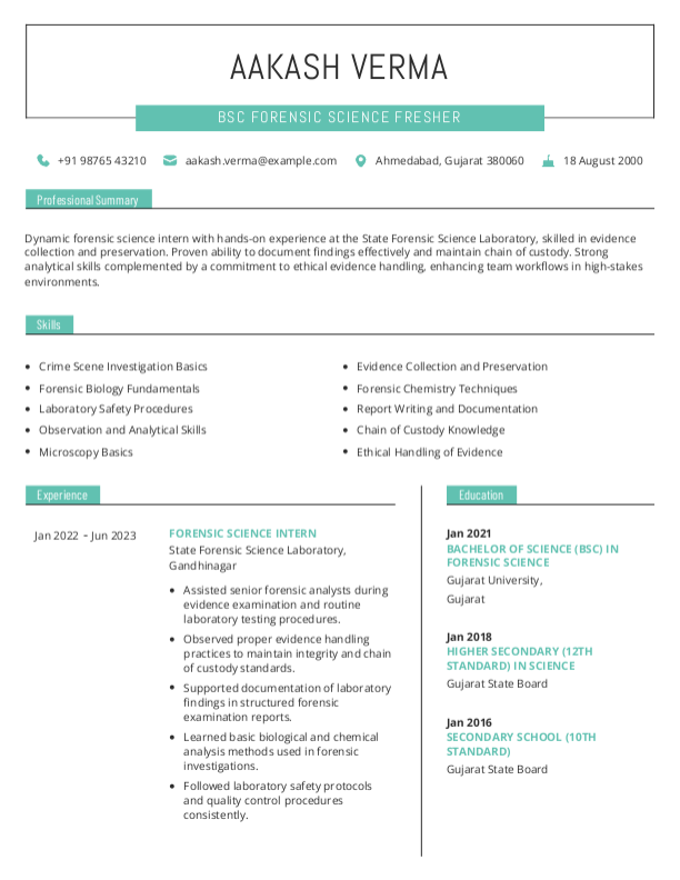 BSc Forensic Science Fresher Resume format in Word - Free Download