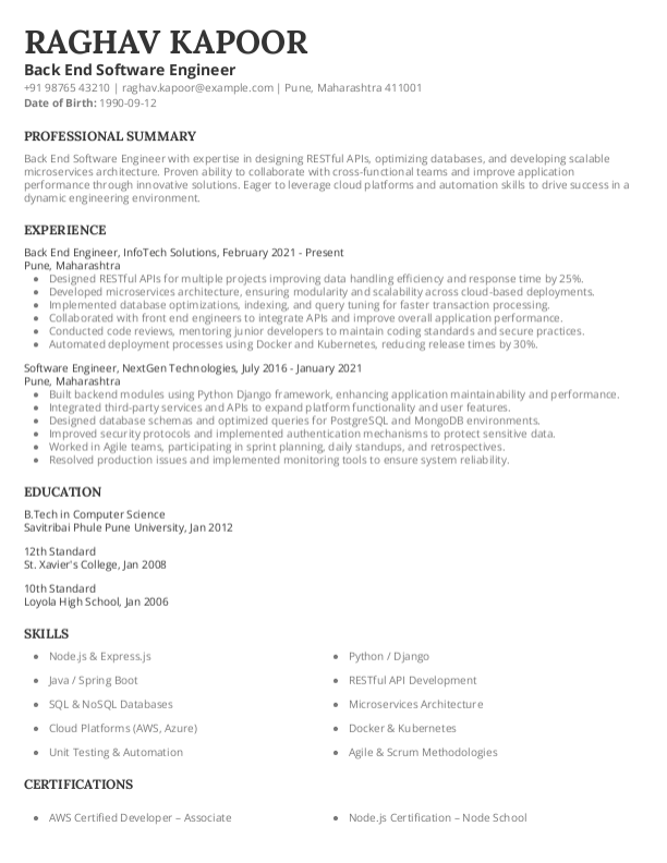 Back End Software Engineer Resume format in Word - Free Download