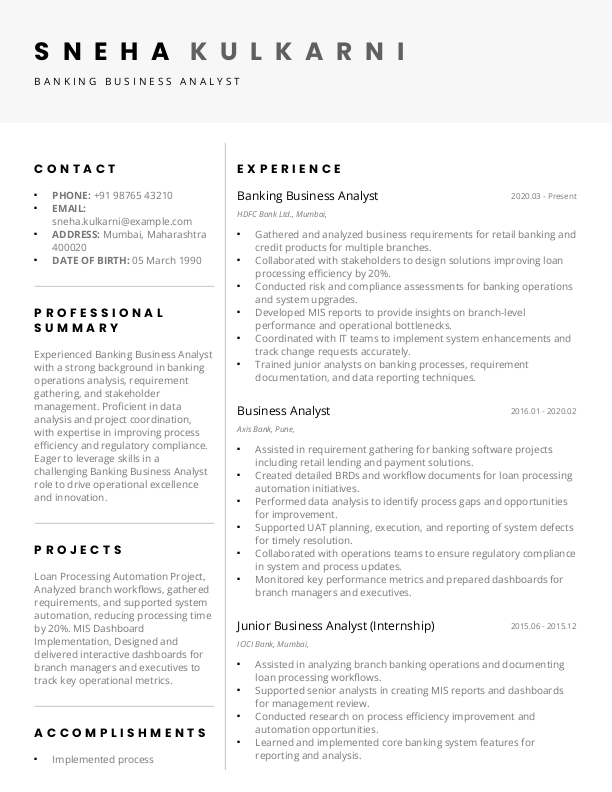 Banking Business Analyst Resume format in Word - Free Download