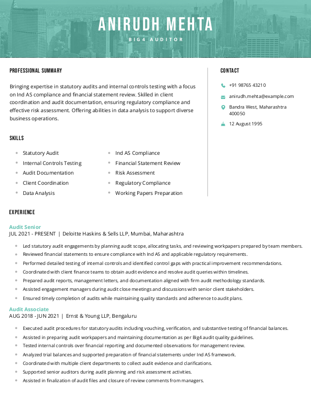 Big4 Auditor Resume format in Word - Free Download