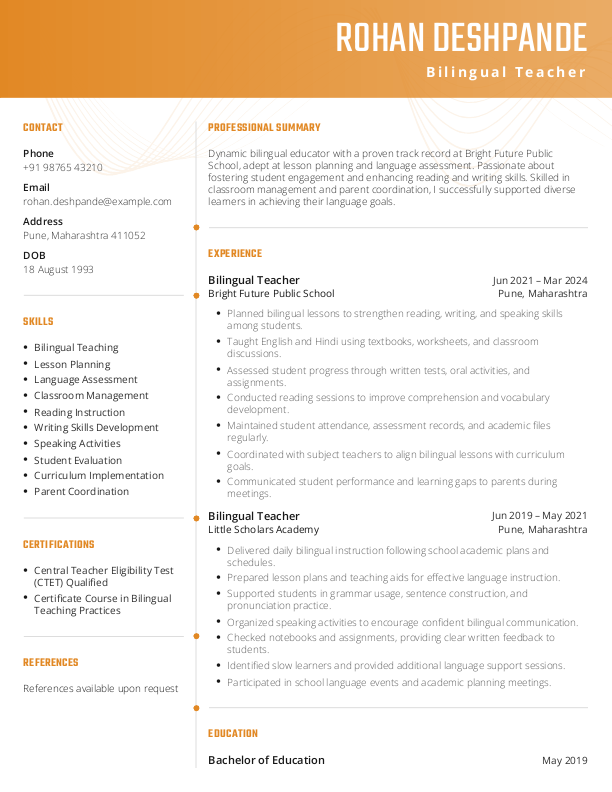 Bilingual Teacher Resume format in Word - Free Download
