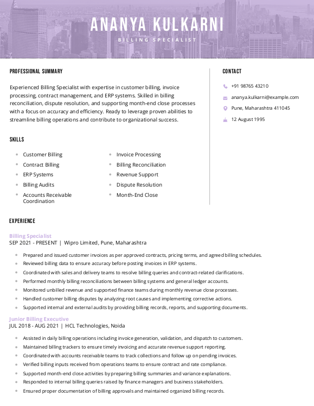 Billing Specialist Resume format in Word | Free Download