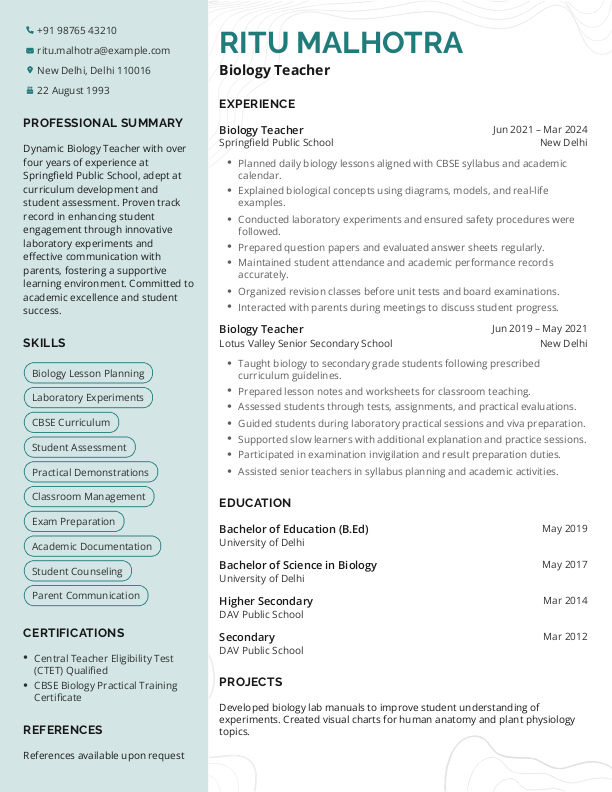 Biology Teacher Resume format in Word - Free Download