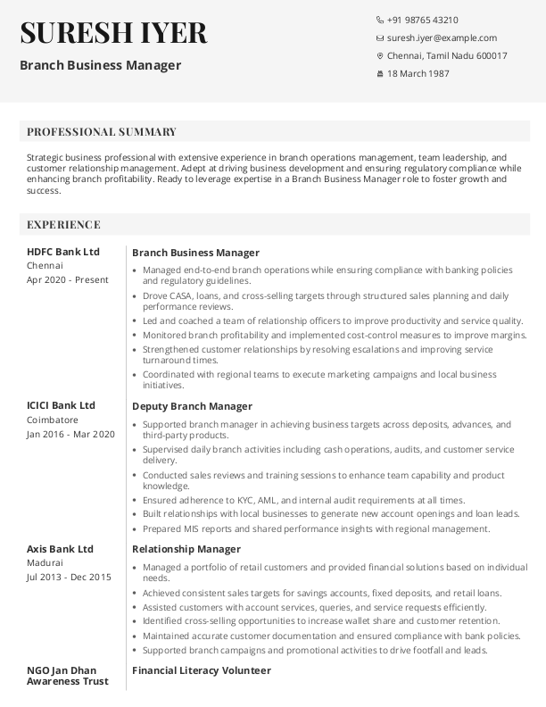 Branch Business Manager Resume format in Word - Free Download
