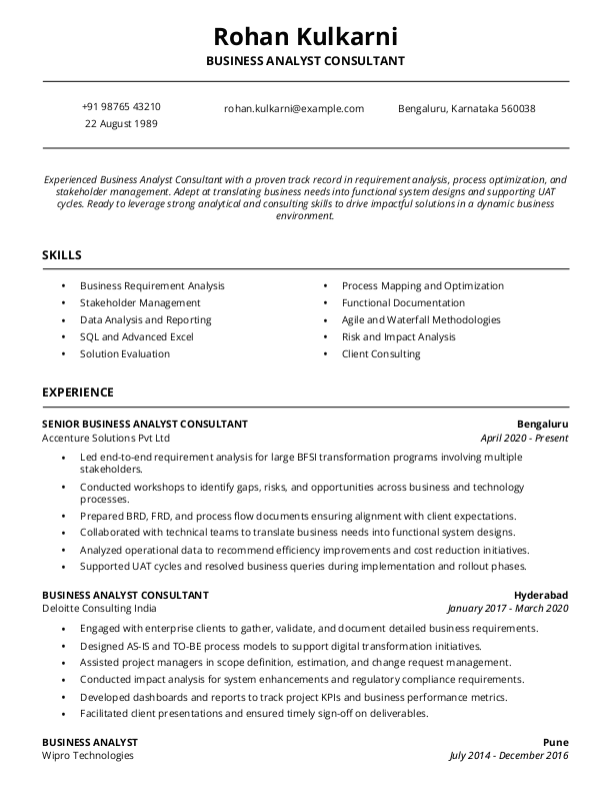 Business Analyst Consultant Resume format in Word - Free Download