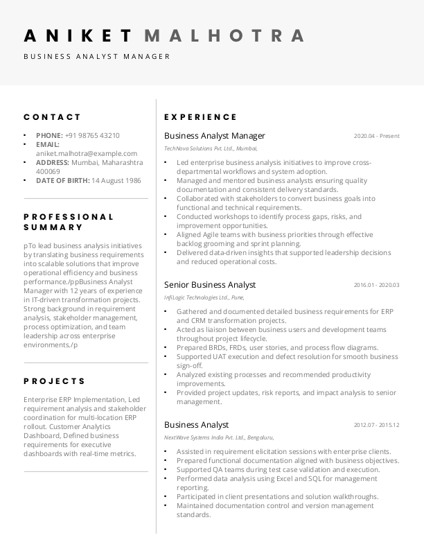 Business Analyst Manager Resume format in Word - Free Download