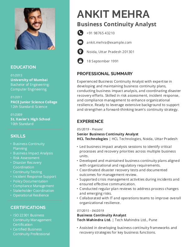 Business Continuity Analyst Resume format in Word - Free Download