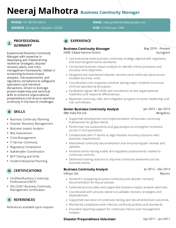 Business Continuity Manager Resume format in Word - Free Download