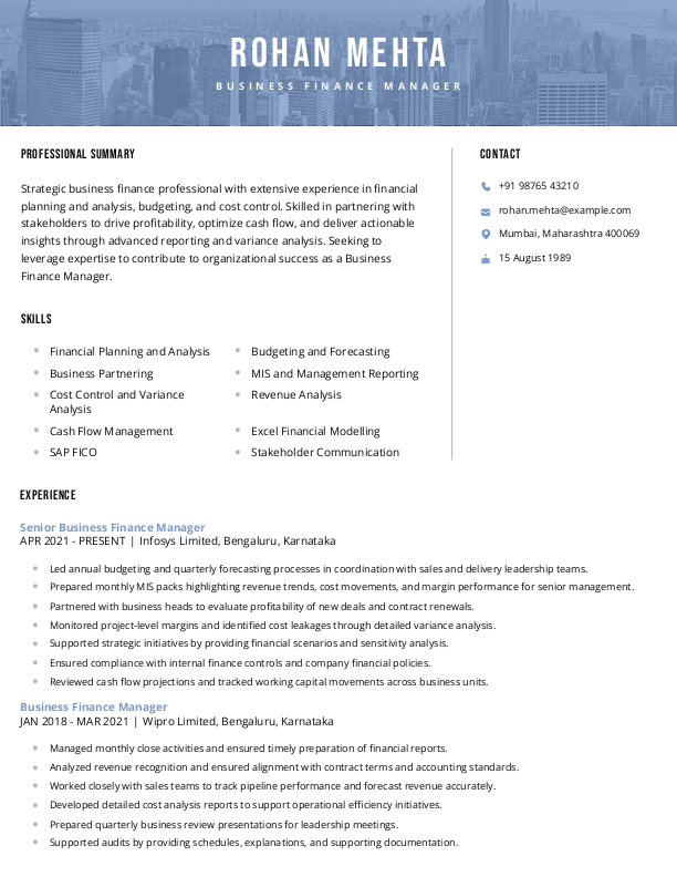 Business Finance Manager Resume format in Word - Free Download